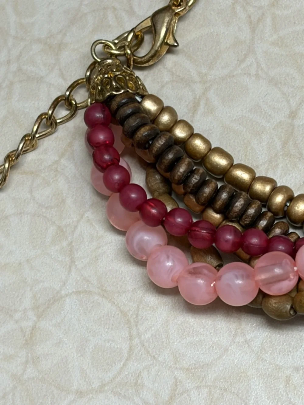 Gold and Pink Multi-Strand Twisted Beaded Necklace - Women Jewelry. No Brand.